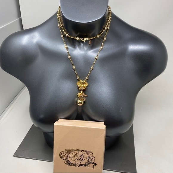VINTAGE Kirks Folly Golden Star Angel BEAR faux pearl Necklace chime BALL w/box - Picture 1 of 16